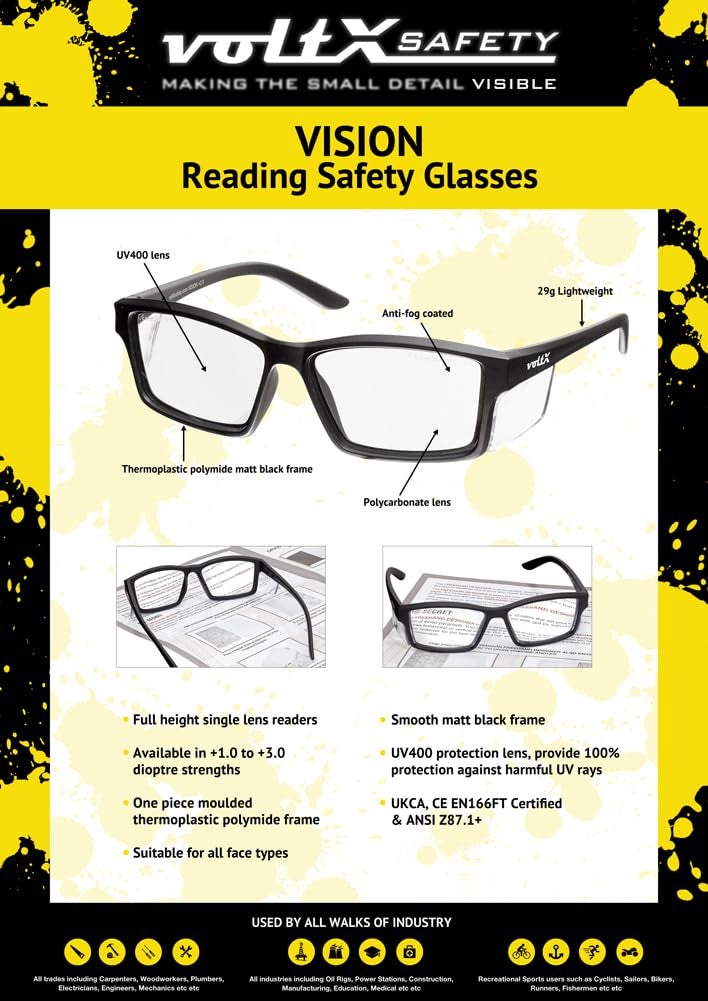 voltX 'VISION' Safety Readers, Full Lens Magnified Safety Glasses (+3.0 Dioptre, Clear lens) ANSI Z87.1+ & CE EN166F - Anti fog coated UV400 lens - Image 4